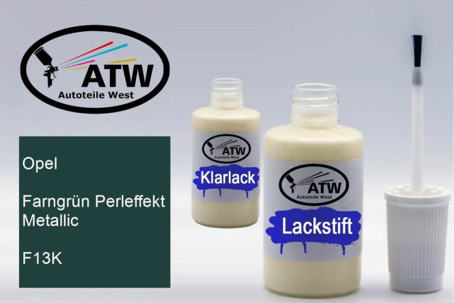 Opel, Farngrün Perleffekt Metallic, F13K: 20ml Lackstift + 20ml Klarlack - Set, von ATW Autoteile West.